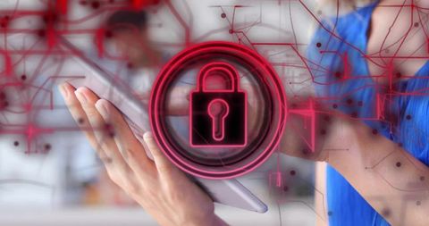 Hands holding tablet with neon padlock and network overlay for cybersecurity and data protection