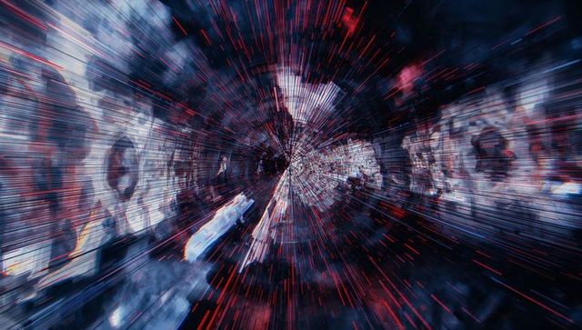 Red and white light vortex in abstract digital corridor