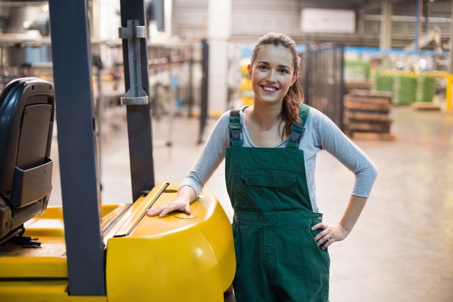 Portrait of a confident female worker in a drinks production factory, standing beside machinery and smiling at the camera. Ideal for use in articles or advertisements related to industrial labor, women in manufacturing, professional occupations, or factory environments.