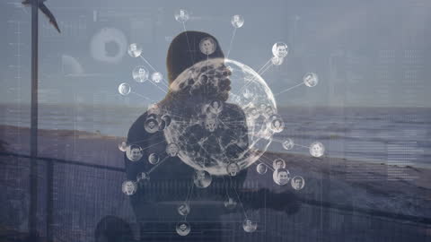 Tech-Infused Fitness: Man Working Out by Beach with Data Graphics