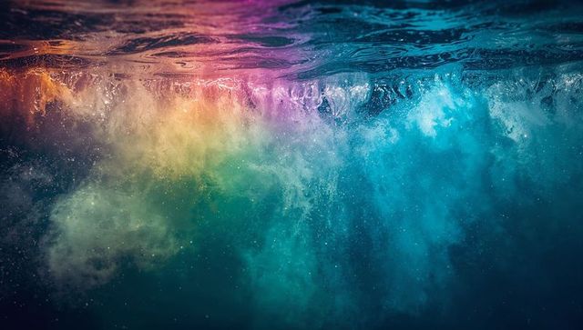 Vibrant spectrum underwater with rising ocean foam
