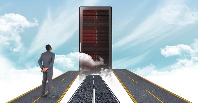 Digital composite of Digitally generated image of businessman looking at sever while standing on highway in sky