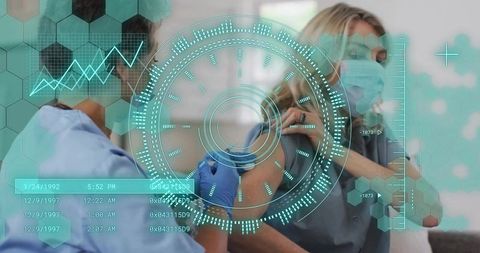 Nurse administering vaccine with futuristic hud overlay and hex grid