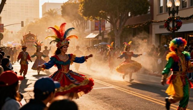 Vibrant carnival dancers twirling in feathered costumes on sunlit parade at golden hour