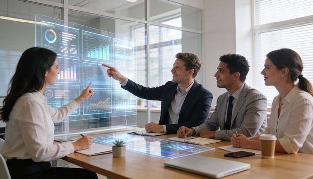 Business team analyzing interactive data dashboards around conference table
