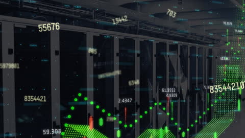 Data Analytics in Modern Server Room with Digital Interface Overlay