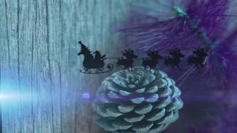 Christmas Sleigh and Reindeer Over Pine Cones with Glitter