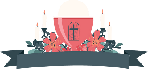 Transparent red chalice with cross emblem, wafer, and candles