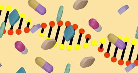 DNA Strand with Floating Medications Illustrating Genetic Research