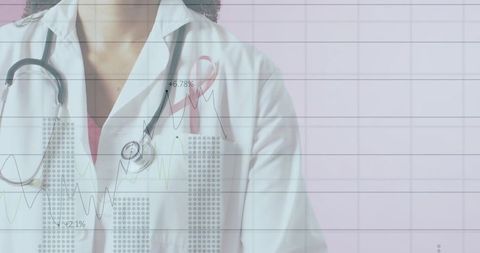 Doctor with Pink Ribbon and Stethoscope Analyzing Clinical Data