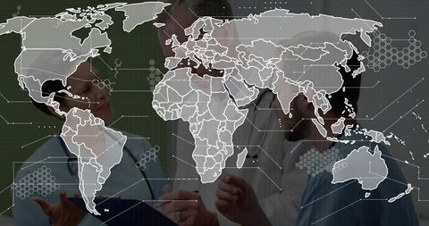 Global healthcare team analyzing patient data on world map overlay