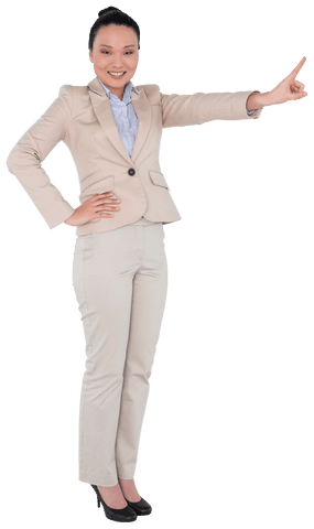 Smiling Asian Businesswoman Pointing, Transparent Professional Pose