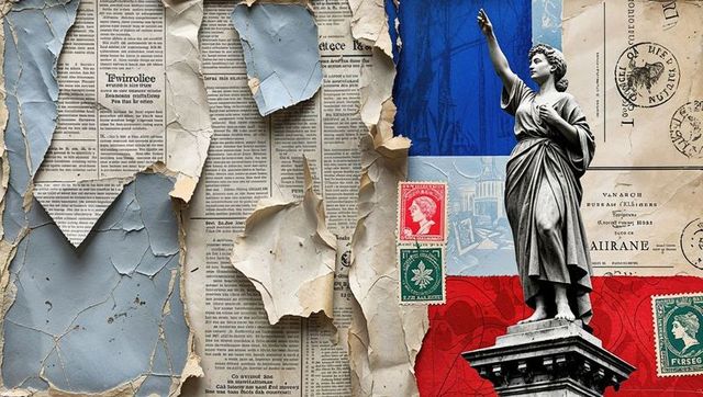 Vintage collage with statue, stamps and newspapers