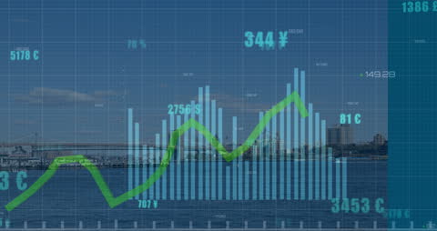 Animated Data Visualization Over Skyscraper Cityscape
