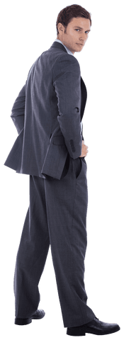 Serious Businessman in Gray Suit with Hands on Hips Transparent Background