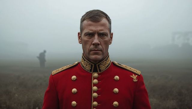 Officer in red dress uniform facing camera in foggy landscape