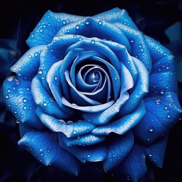 A close-up of a blue rose with dewdrops highlights nature's beauty. Its vibrant color and water droplets create a fresh, serene ambiance.