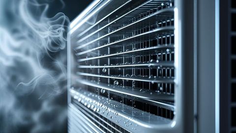 Water droplets forming on metallic air conditioner condenser