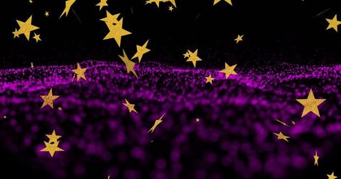 Floating Gold Stars Hovering Over Vibrant Purple Particle Wave