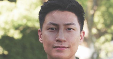 Serene Asian Young Man Close-up Portrait Sunlit Park Embracing Calm Natural Light