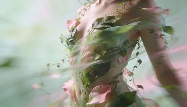 Ethereal botanical corset with flowing chiffon, pink petals and winding vine tendrils