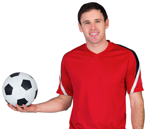 Soccer fanatic in red jersey holding soccer ball transparent background