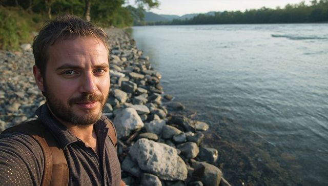 Bearded man taking selfie on rocky riverbank with backpack at golden hour, travel portrait