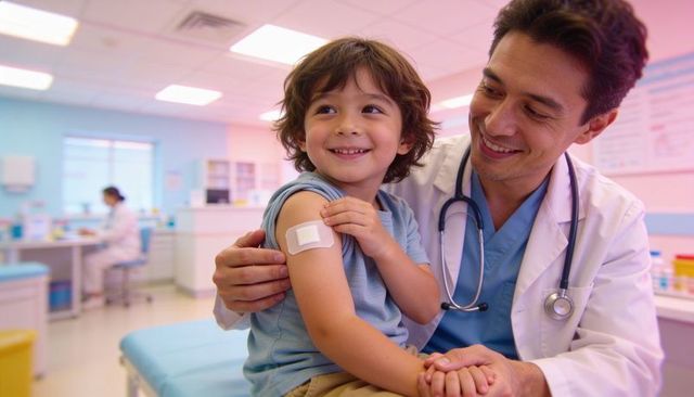 Smiling pediatrician comforting child after vaccination with bandage and stethoscope