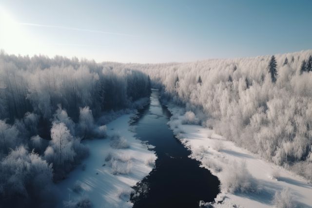 Image shows an aerial perspective of a peaceful winter scene with a frozen river meandering through a snow-covered forest. The crisp, cold surroundings and the clear blue sky enhance the serene and untouched beauty of nature. This image can be used for winter-themed projects, environmental awareness campaigns, holiday cards, or travel brochures highlighting winter destinations.
