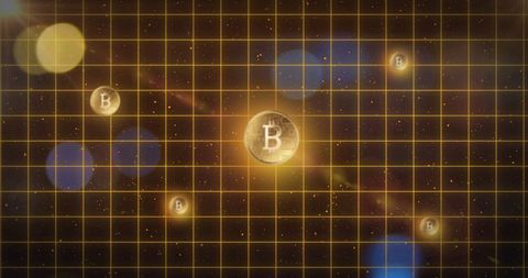 Bitcoin Symbols Over Starry Space with Grid Imagery - Download Free Stock Images Pikwizard.com