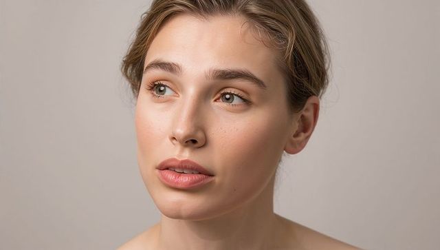 Pensive woman gazing upward with natural makeup bare shoulders soft light portrait studio