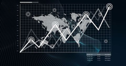 Futuristic global analytics dashboard showing rising line graph over halftone world map