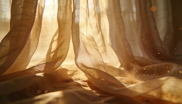 Golden sunlight billowing sheer curtains with floating dust motes and warm backlit drapery
