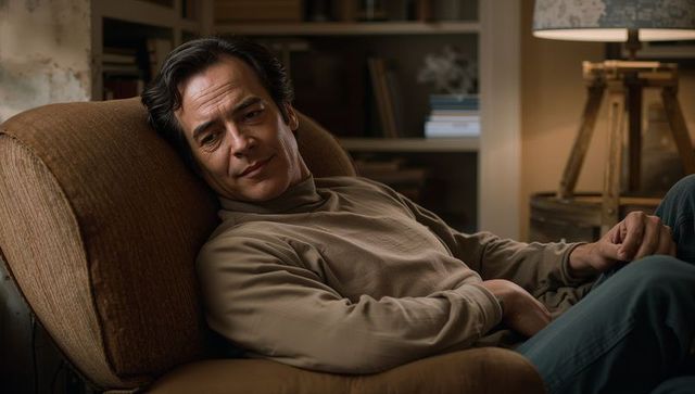 Man relaxing on armchair in cozy living room, warm intimate casual portrait