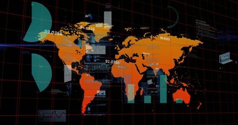 Futuristic digital world map with data analytics display