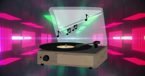 Neon retro turntable playing vinyl with floating music notes in futuristic room