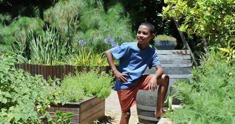 African teen standing on barrel in sunlit backyard herb garden with raised planters