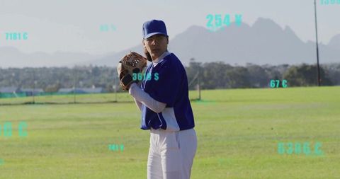 Hispanic Baseball Pitcher Focused on Action with Futuristic Currency Overlay