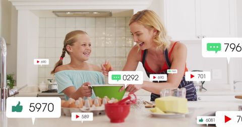 Mother and Daughter Enjoying Baking with Social Media Engagement Icons
