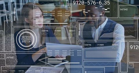 Professionals Collaborating with Augmented Reality Data Overlays in Modern Open Office