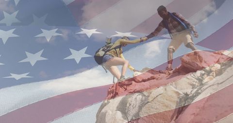 Couple Hiking Under American Flag Double Exposure
