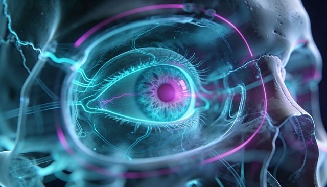 Translucent skull revealing crystalline cybernetic eye with neon filaments and ai circuitry