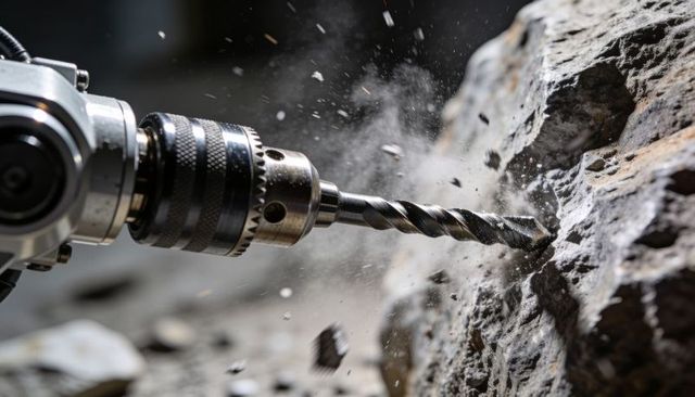 High-speed drilling into rock sending dust and debris flying with spiral masonry bit