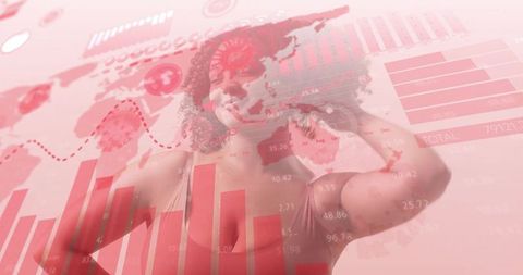 Curly-haired woman posing with red analytics overlay blending global charts and dashboards