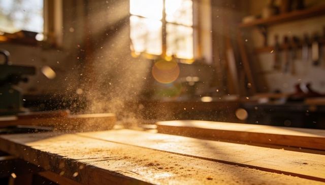 Golden sunlight streaming across carpentry workbench highlighting floating sawdust, planks