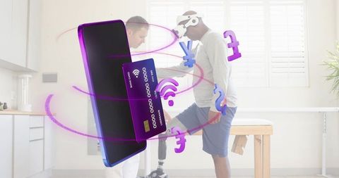 Clinician fitting vr prosthetic leg while patient testing balance with headset and floating card art