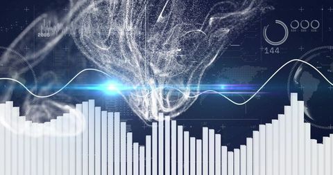 Futuristic Data Visualization Particle Cloud with HUD Elements, Equalizer Bars, World Map