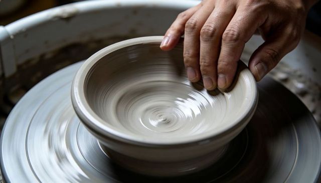 Potter hands shaping spinning clay bowl on wheel creating smooth concentric rings