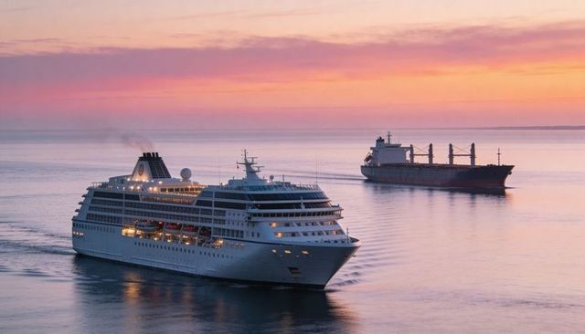 Luxury cruise ship gliding through sunset sea while cargo freighter cruises past horizon
