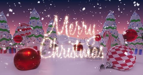 Merry Christmas Greeting on Snowy Landscape with Decorated Trees